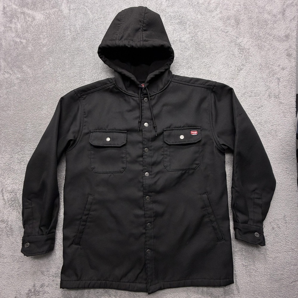 Wrangler Jacket Mens L Black Military Canvas Hooded Lined‎ Pockets Insulated
